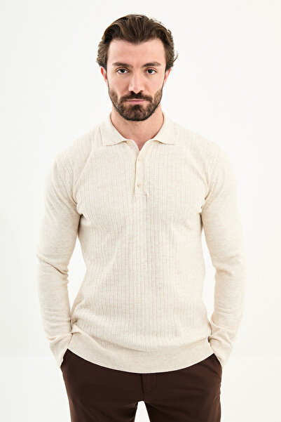 Mcr Corded Fabric Slim Fit Polo Neck Men's Knitwear Sweater Beige - 11573.25K