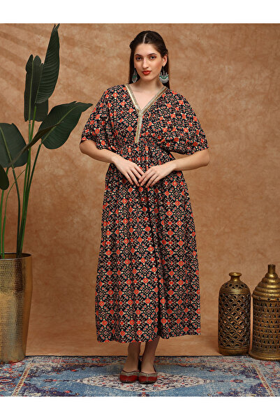 Globus By Styli Ethnic Print Kimono Sleeves Maxi Festive Dress