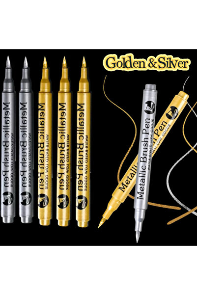 Choice 5 أقلام تحديد معدنية بفرشاة (3 ذهبية + 2 فضية)، مناسبة للكتابة على الج...