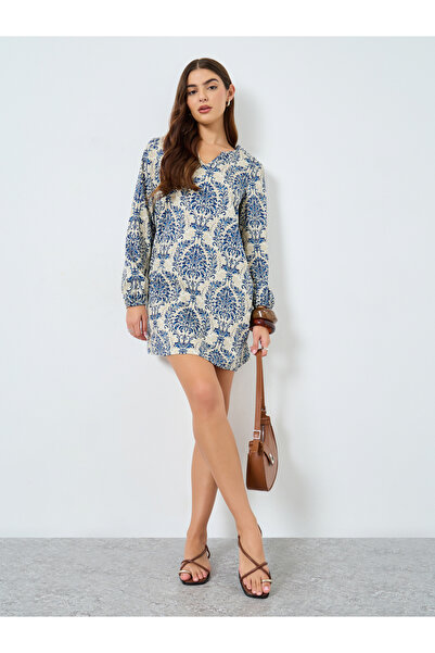 Take Two By Styli Graphic Print Long Sleeve Mini Dress