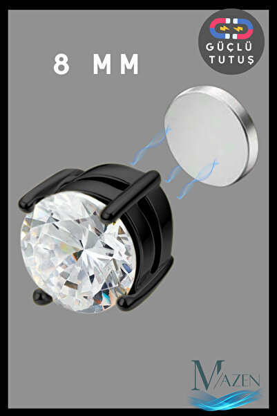 MAZEN Güçlü Mıknatıslı 8 mm Tektaş Küpe | 316L Siyah Çelik | Deliksiz Fake Küpe | Erkek Kadın | 1 Adet