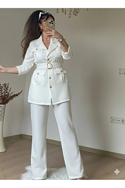 AZRA BUTİK Belted Gold Buttoned Suit White