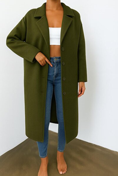 Timburly Astarlı Düğme Detaylı Kaşe Kaban