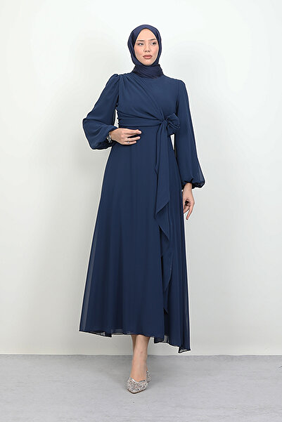 Lamia Giyim Bağlama Detay Şifon Elbise Lacivert