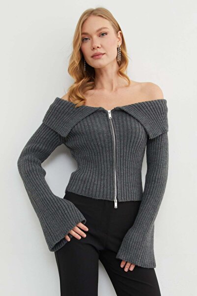 Fulla Moda Zippered Madonna Collar Cardigan with Sleeve Detail