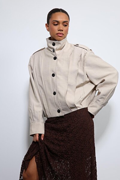 Antioch Beige Pleated Detailed Mock Neck Coat