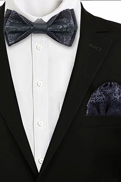 hapshoe Черно жакардово регулируемо сатенено детско папийонка и кърпичка комплект