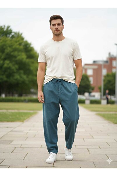BK Unisex Baggy 100% Cotton Comfortable Cooling Linen Trousers with Pockets and Elastic Waist