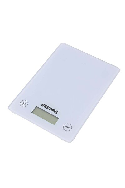 Geepas ميزان مطبخ إلكتروني، 5 كجم، زجاج مقوى 3 مم، شاشة عرض رقمية (أبيض)