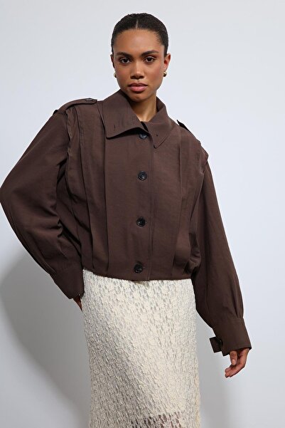 Antioch Mock Neck Coat with Coffee Pleat Detail
