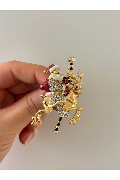 Ceyms Aksesuar Yeni Yıl Temalı Taşlı Geyikli Noel Baba Broş