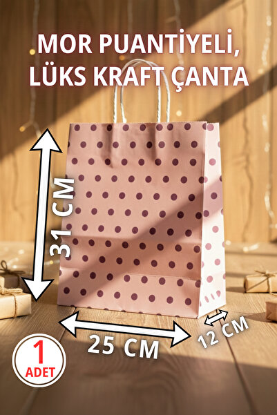 Pusula Marketim Burgu Saplı Mor Puantiyeli Kraft Çanta - Hediyelik Poşet