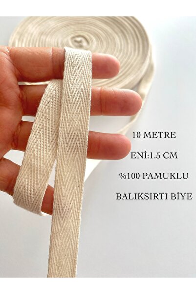 seyranat 10 Metre Eni 1.5 Cm Ekru Renk %100 Pamuk Dar Dokuma-Dikiş Kapatıcı-Ç...