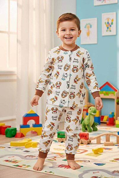 Fulla Moda %100 Pamuk Köpek Baskılı Çıtçıtlı Erkek Çocuk Pijama Takımı