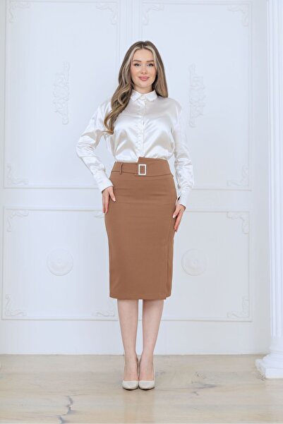QUBERZ High Waist Buckled Pencil Skirt | Office Stylish Thick Fabric Below-Knee Skirt