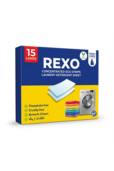 rexo Scented laundry sheets, 15 sheets, for deep cleaning and long-lasting freshness.