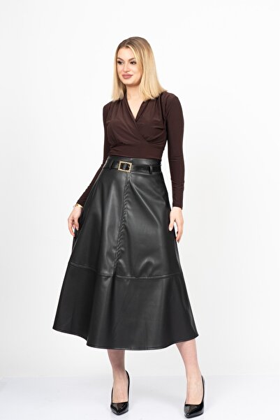 MissVina Luna Deri Elegance High Waist Belted Premium Skirt 6826