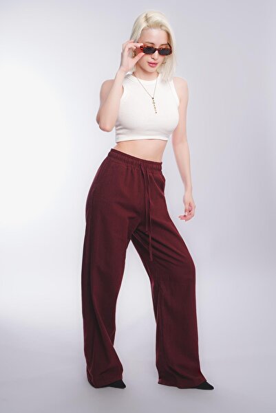 Madmext Burgundy Gathered Wide Leg Women's Trousers Mg2011
