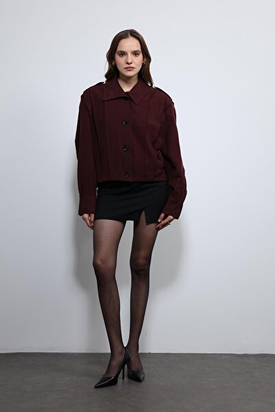 Antioch Burgundy Pile Detailed Mock Neck Coat