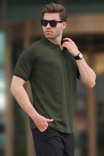 Madmext Khaki Overfit Short Sleeve Polo Neck Men's T-Shirt 7029