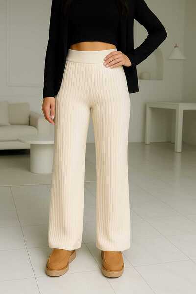 ZARİNCE LİFE Women's High Waist Wide Leg Corded Fabric Knitwear Pants