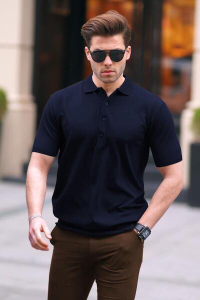 Madmext Navy Blue Men's Polo Neck Plain T-Shirt 6878