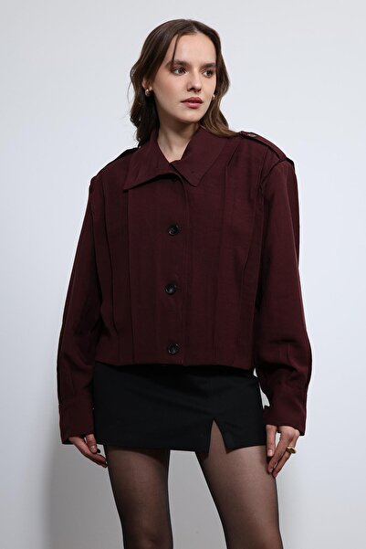 Antioch Burgundy Pile Detailed Mock Neck Coat
