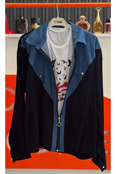 SCZ Mavi-Siyah Gömlek ve Baskılı Bluz