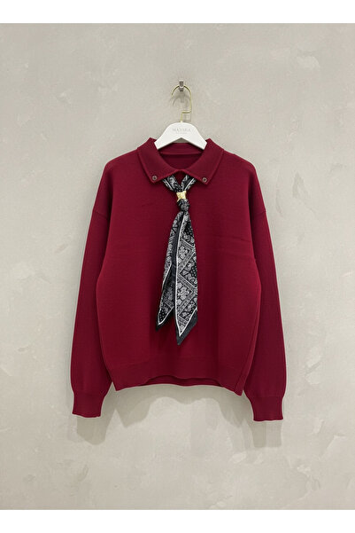 mahira collection Pulover polo din tricot pentru femei, roșu burgundă, cu det...