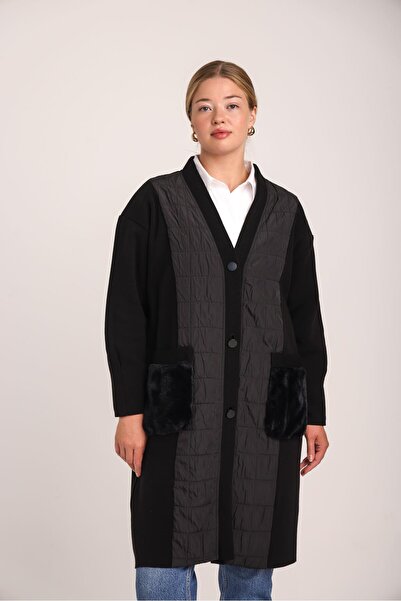 Uludağ Triko Women's Black Quilted Paneled V-Neck Buttoned Winter Coat