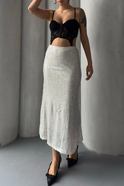 Hisleria Elastic Waist, Lined Inside, Sequined Midi Skirt - White