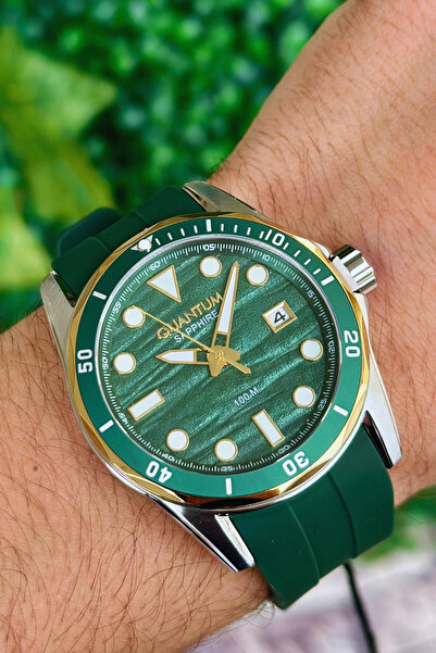 Quantum Adg1229.275 Sapphire Glass 10 Atm Water Resistant Steel Case Silicone Band Green Men's Wristwatch