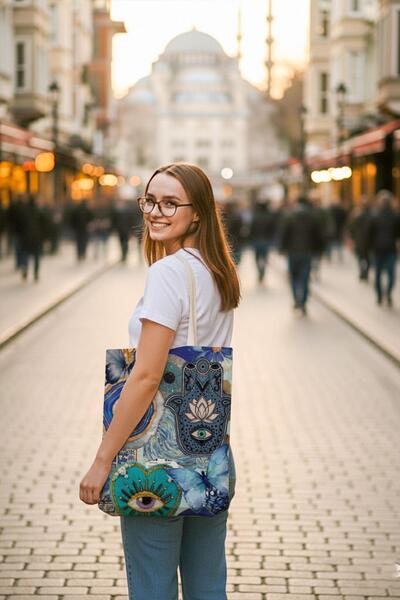 Bagg Kanvas Tam Boy Nazar Boncuğu Baskılı Bez Çanta