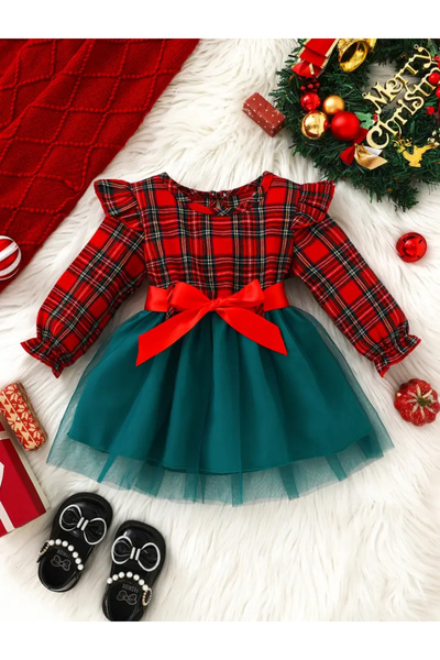 MODA Kırmızı kareli üst ve tüllü etek detaylı, fiyonklu yılbaşı temalı kız ço...