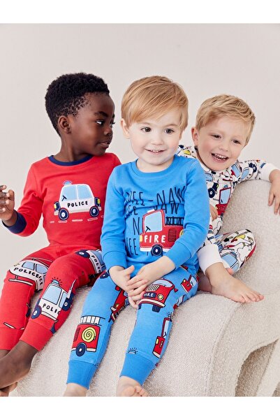 Next Kırmızı/Mavi Acil Durum Araçları Baskılı - Mini Yumuşak Pijama 3'lü Pake...