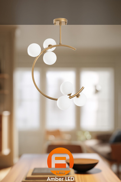 AmberLED Modern Cam Detaylı 6'lı Plafonyer Oturma Odası Aydınlatma