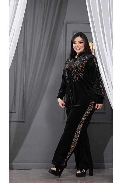 Kokostrendi طقم قميص مخملي مرصع بالكريستال - أسود