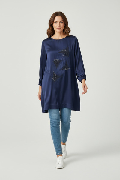 ECE GİYİM Women's Front Stone-Embellished, Six-Stripe, Crystal, Two-Ply, Seasonal Combed Cotton Tunic