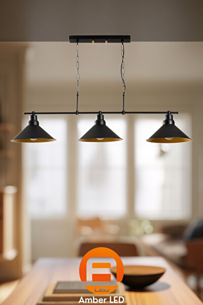 AmberLED Modern Metal Gövdeli 3'lü Plafönyer Siyah Gold Yatak Odası ve Salon