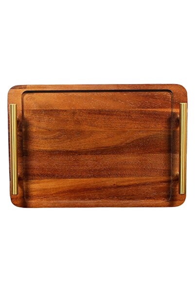 OEM Acacia wood serving tray with gold brass handles, 30.5 x 20.8 cm