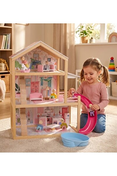 ozbience 3 Katlı Ahşap Bebek Evi, Eşyalı, Kaydıraklı ve Havuzlu Oyun Seti