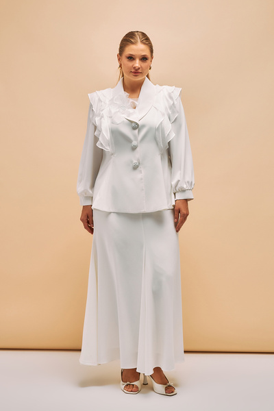 İnce Broş ve İşleme Düğme detaylı Büyük Beden Etek Ceket Takım