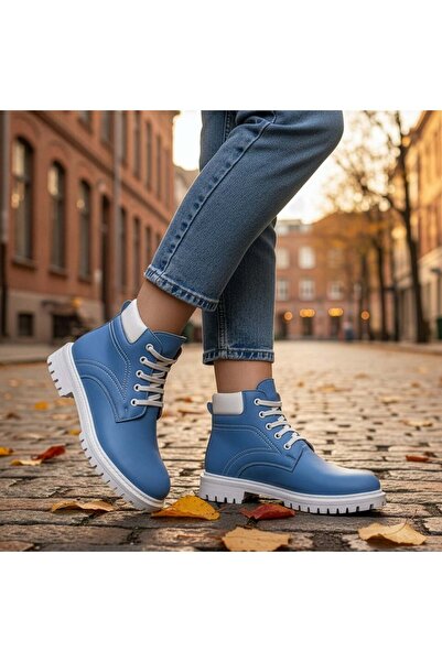 Modlet.ro Ghete de drumeție albastre pentru femei din piele naturală cu șiret...