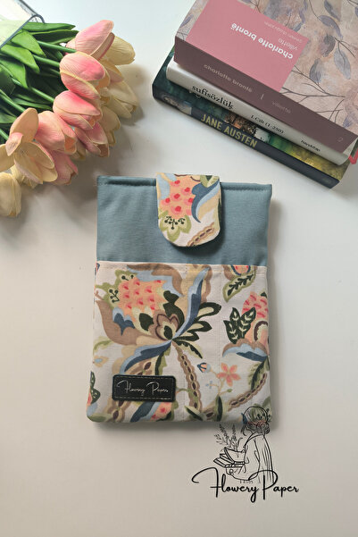 Flowery Paper Mavi Çiçek Kitap Çantası,Kılıfı Kitap Ayracı Book Cover Pamuklu...