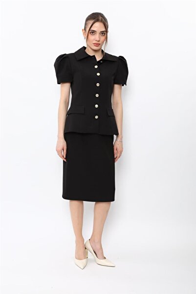 ÖNDER ÖZSOY Dik Yaka Kısa Kollu Ceket & Düz Dar Etek-Siyah