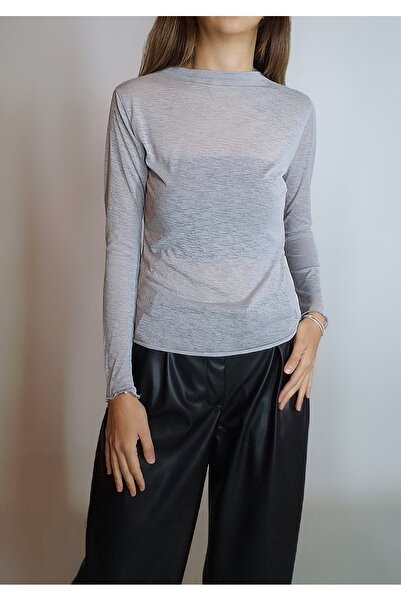 oyagüler Women's Gray Mock Neck Transparent Knitted Blouse Yy101304