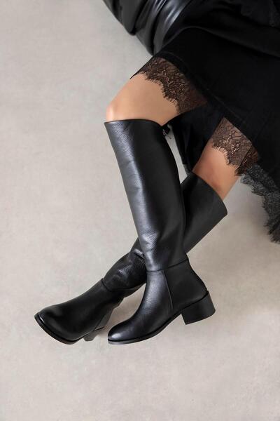 STRASWANS Carla Women's Zipper Detail Genuine Leather Boots Black