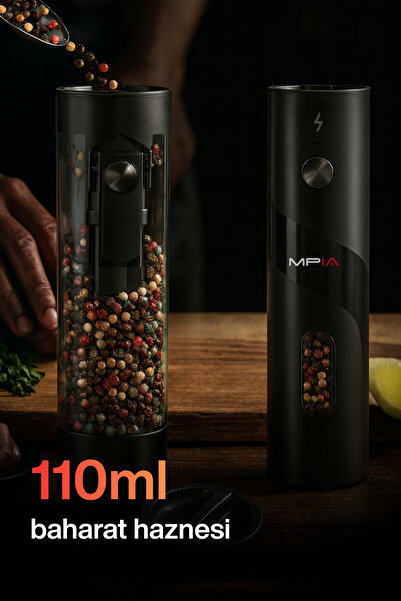 MPIA 1 Ay Kullanımlı Şarjlı Baharat Öğütücü 2’li 110 ml LED Paslanmaz Çelik Bıçak Tuz Karabiber Öğütücü