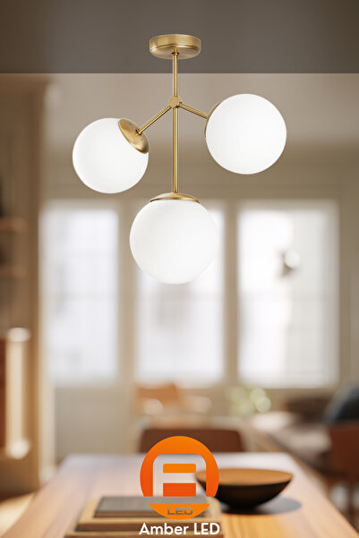 AmberLED Modern Camlı 3'lü Avize Parlak Gold Yatak Odası ve Oturma Odası İçin...