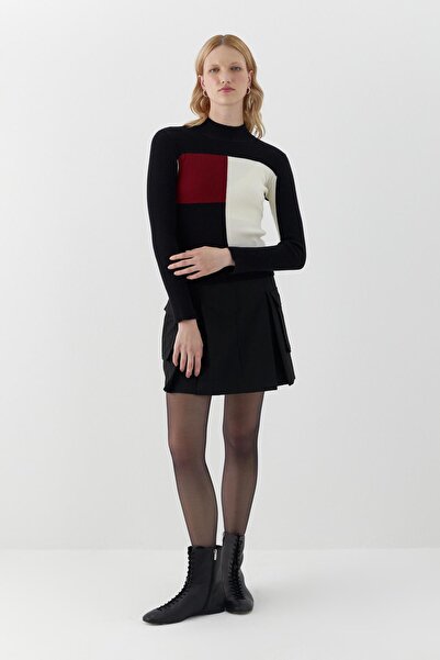 MARKALİSTE Color Block Detailed Basic Sweater Black